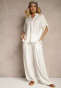 Komplety damskie - Biały Wiskozowy Komplet Szerokie Spodnie i Koszula z Podpinanymi Rękawami Tulmoi - miniaturka - grafika 1