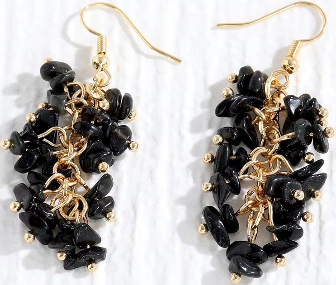 Złote Kolczyki z Czarnymi Kamieniami Sztyft Naturalne Pozłacane