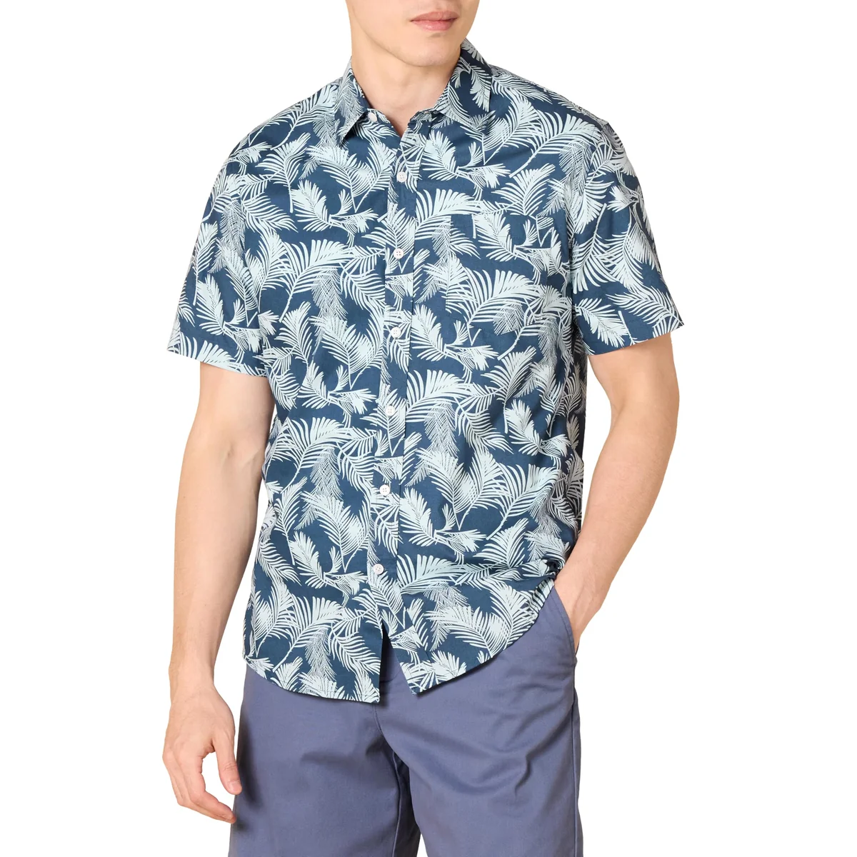 Amazon Essentials Męskie Koszula z krótkim rękawem i nadrukiem slim fit, Seledynowoniebieski Granatowy Liść palmowy, XL
