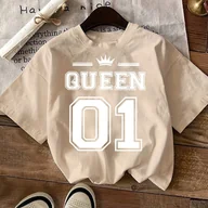 Inne - TEMU Koszulka Damska Casual z Krótkim Rękawem - Żywa Zielona z Białym Nadrukiem "QUEEN 01" Koroną, Geometryczny Wzór, Pranie Maszynowe, Regular Fit, - miniaturka - grafika 1