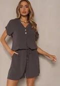 Komplety damskie - Ciemnoszary Komplet z Wiskozą T-shirt z Ozdobnymi Guzikami i Szorty Niterela - miniaturka - grafika 1