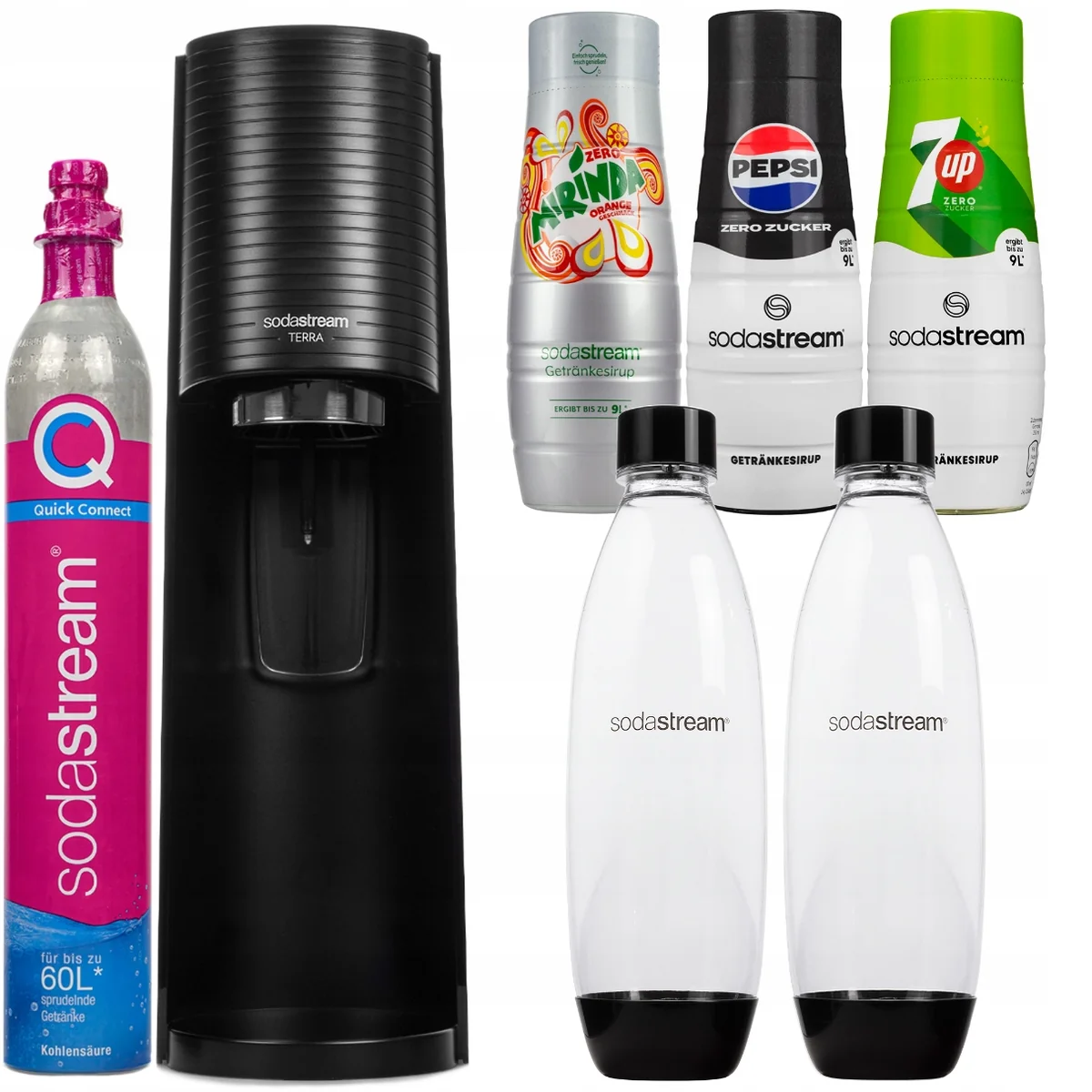 Saturator SodaStream Terra czarny z 2 butelkami i syropami