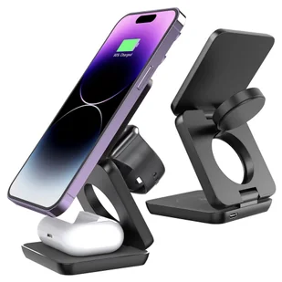 Ładowarka indukcyjna 3w1 do MagSafe QI do Apple iPhone Airpods Watch Alogy QI Charger Stand stojak Czarna - Ładowarki do telefonów - miniaturka - grafika 1