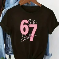 Bluzki damskie - TEMU Modna koszulka z nadrukiem 67 Różowa koszulka z krótkim rękawem i okrągłym dekoltem, z nadrukiem liter, czarna damska - miniaturka - grafika 1