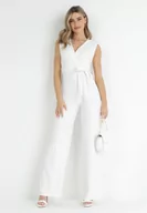 Kombinezony - Biały Kombinezon z Kopertowym Dekoltem i Wiązaniem w Talii Vannessa - miniaturka - grafika 1