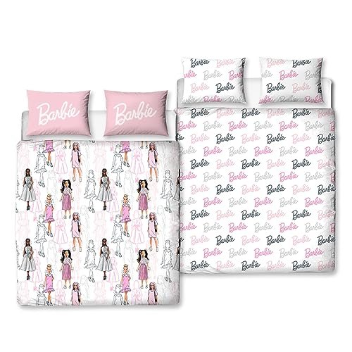Character World Barbie oficjalny zestaw poszewek na kołdrę dla dzieci wzór figurek dwustronna, 2-stronna pościel dla nastolatków, w tym pasujące poszewki na poduszki, poliestrowa podwójna poszewka
