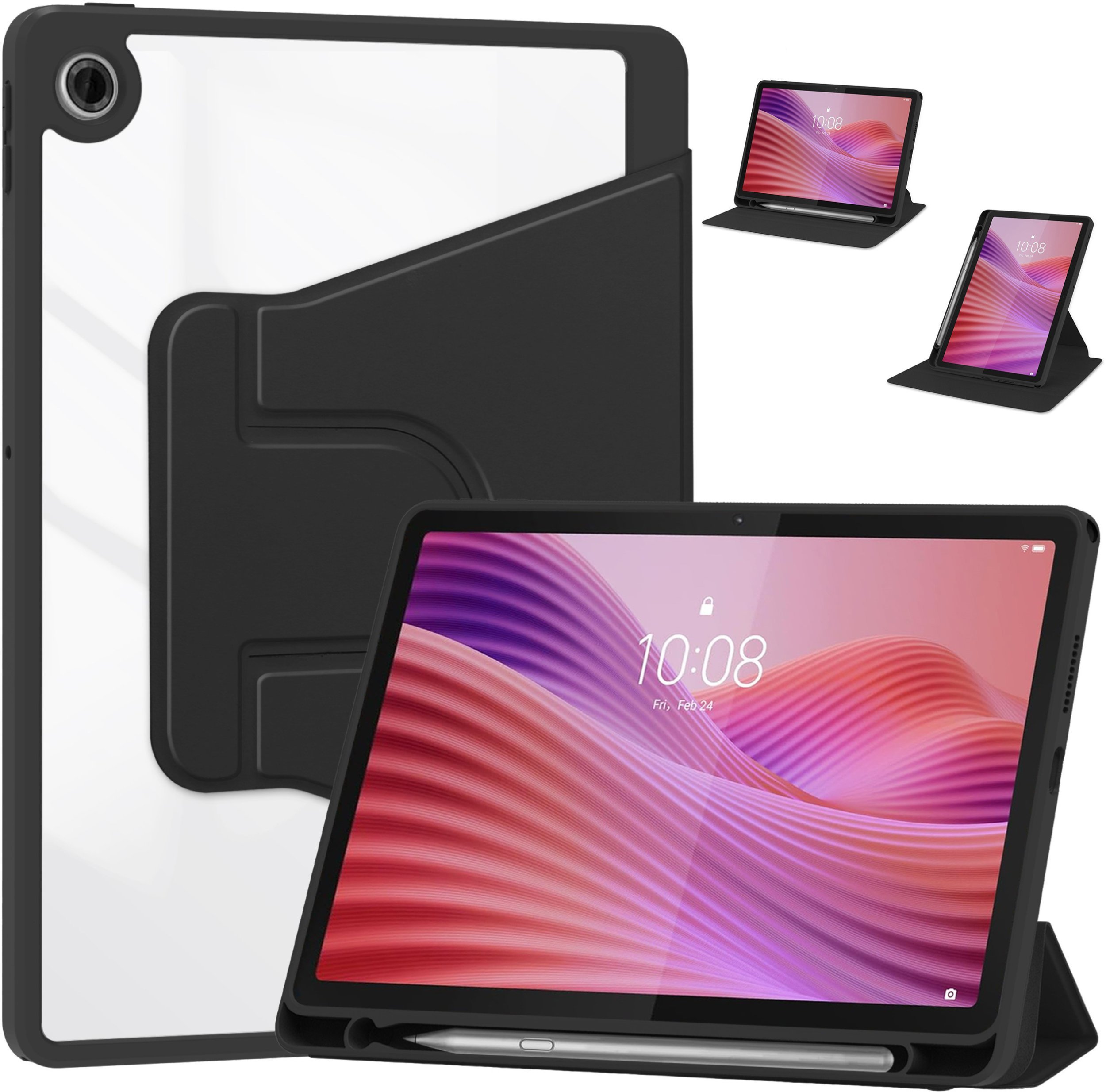 Etui na tablet 4kom.pl Etui 360 Crystal do Lenovo Tab 10.1 2025, czarne - ochronne z podstawką, dostęp do portów i przycisków