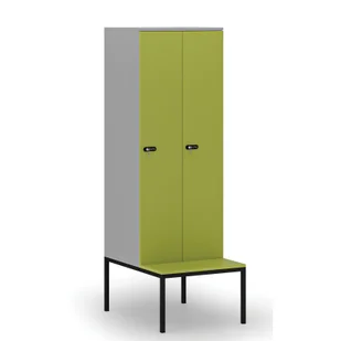 Drewniana szafa ubraniowa z ławką, 2-drzwiowa, 1871 x 600 x 500/800 mm, zamek mechaniczny z kodem, szary/zielony - Szafy biurowe - miniaturka - grafika 1