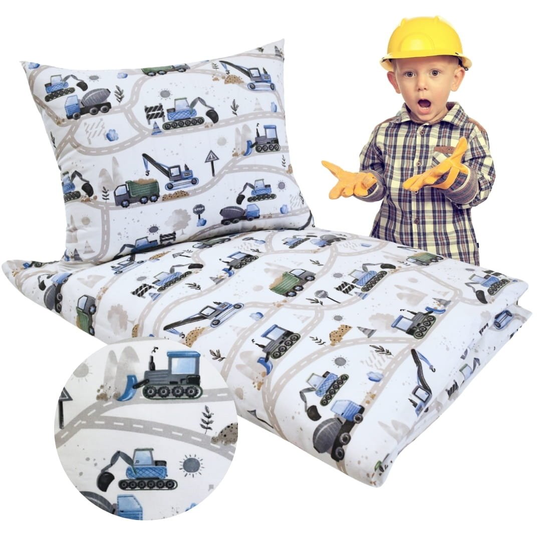 Komplet Pościeli Dziecięcej 90x120 + 40x60 Koparki Niebieskie Nowe 100% Bawełna Polski Producent