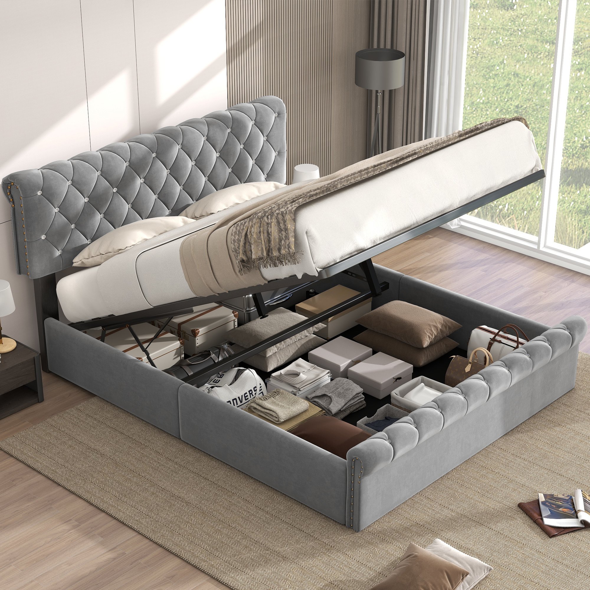 Flieks Łóżko tapicerowane 140x200 cm Velvet, łóżko Boxspring ze schowkiem, stelażem listwowym i regulowanym zagłówkiem, łóżko podwójne Łóżko dla młodzieży ze schowkiem
