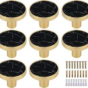 Zawiasy, okucia i inne akcesoria - Zestaw 8 okrągłych uchwytów do szuflad z mosiądzu i marmuru, dekoracyjny czarny – Okucia do szafek kuchennych - miniaturka - grafika 1