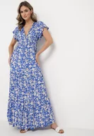 Sukienki - Niebiesko-Biała Sukienka Maxi w Kwiaty z Falowanymi Rękawkami i Gumką w Talii Mulanitti - miniaturka - grafika 1