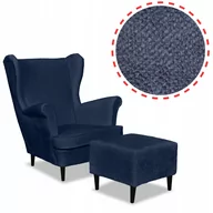 Fotele - Fotel uszak Bella z podnóżkiem granat welur plusz - miniaturka - grafika 1