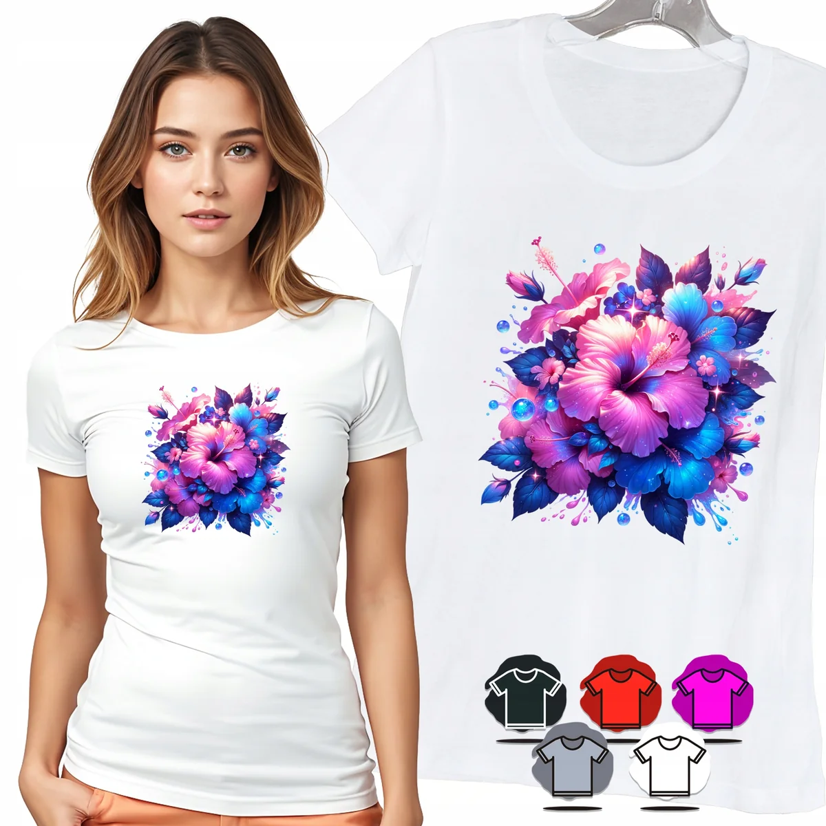KOSZULKA DAMSKA T-SHIRT - BUKIET FIOLETOWYCH KWIATÓW DAMSKI WZÓR MODNY - 3X