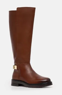 Tommy Hilfiger kozaki TH LOGO LEATHER LONG BOOT damskie kolor brązowy na płaskim obcasie lekko ocieplone FW0FW08335 - Kozaki damskie - miniaturka - grafika 1
