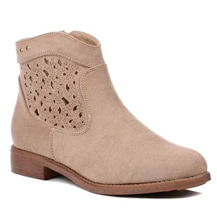 Botki damskie płaskie ażurowe zamszowe na zamek beżowe S.Barski HY51-113-39 - Botki damskie - miniaturka - grafika 1