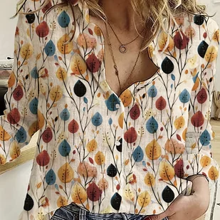 TEMU Bluzka Damska z Lekkim Nadrukiem Kwiatowym - Długi Rękaw, Zapinana na Guziki Koszula w Kolorach Pomarańczy, Czerwieni i Żółci na Białym Tle - - Koszule damskie - miniaturka - grafika 1