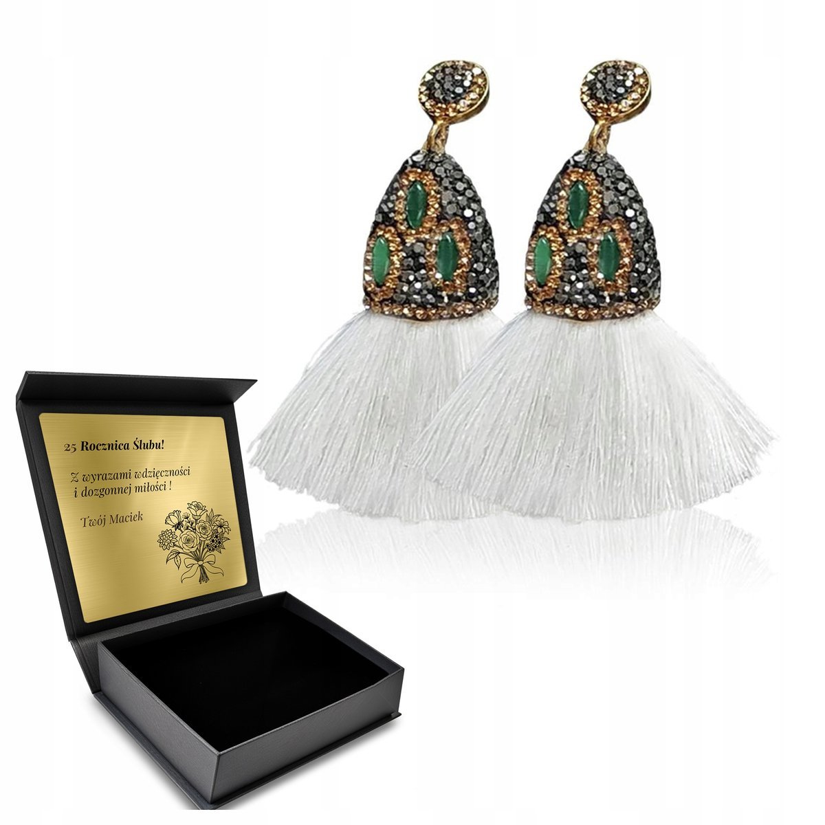 Kolczyki Pozłacane Srebro 925 Z Białymi Chwostami Frędzlami Tureckie Grawer