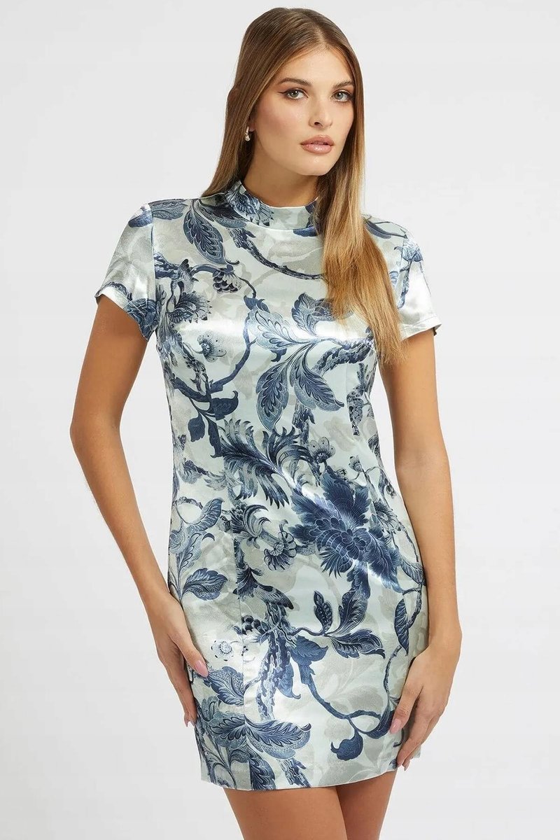 GUESS SUKIENKA MINI Z KRÓTKIM RĘKAWEM W KWIATY Z ZAMKIEM 40 GGA