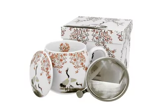 Kubek z zaparzaczem i pokrywką porcelanowy, baryłka DUO SAKURA I ŻURAWIE 430 ml - Kubki - miniaturka - grafika 1