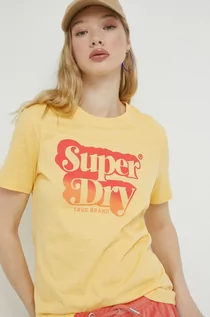Koszulki sportowe damskie - Superdry t-shirt bawełniany kolor żółty - grafika 1