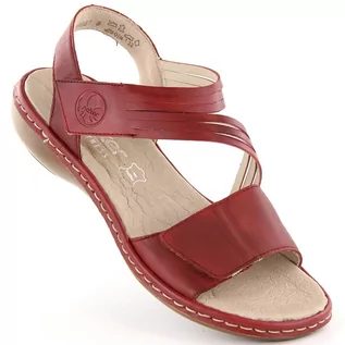 Sandały damskie - Skórzane komfortowe sandały damskie na rzepy czerwone Rieker 65964-35 - grafika 1