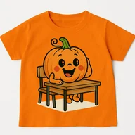 Koszulki dla dziewczynek - Pomarańczowa koszulka NA DZIEŃ DYNI Z DYNIĄ W SZKOLNEJ ŁAWCE - miniaturka - grafika 1