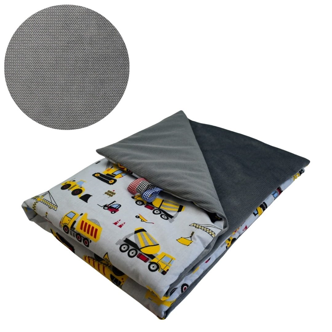 Kocyk Dziecięcy 75x100 Ocieplany Koparki Żółte Na Szarym/Grafit Bawełna/Velvet Polski Producent