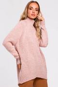 Swetry damskie - Asymetryczny sweter z półgolfem - pudrowy - miniaturka - grafika 1