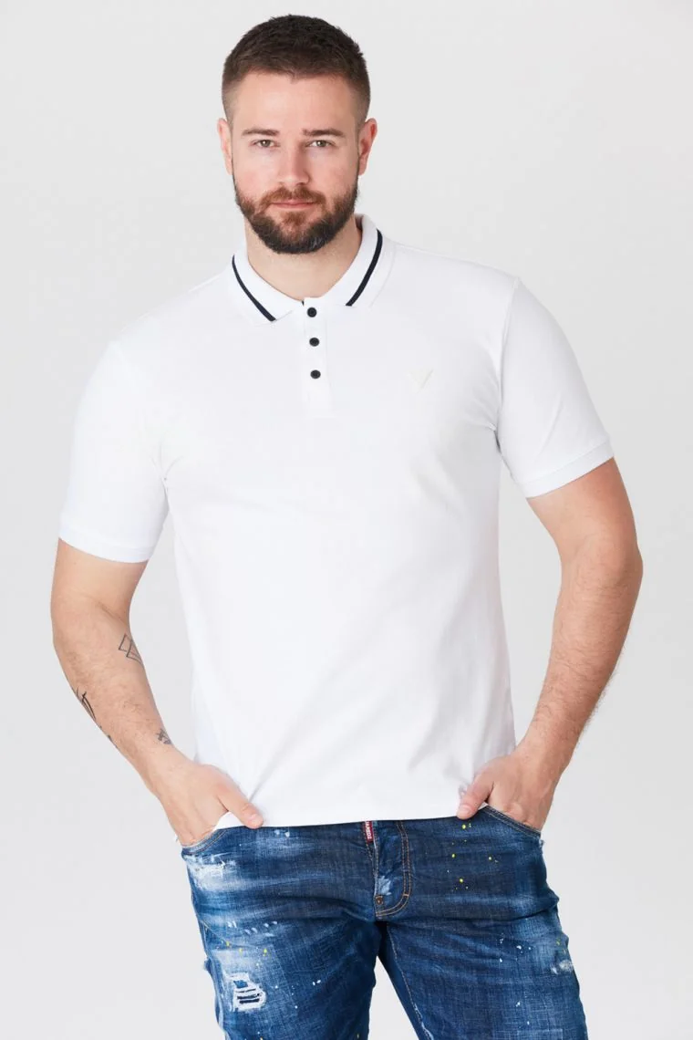 GUESS Biała męska koszulka polo z paskiem na kołnierzyku XL