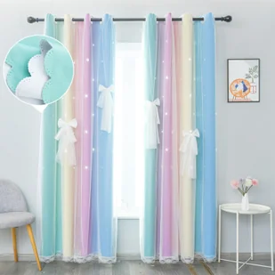 Zasłona wydrążona gwiazda gradientowa zasłona dwuwarstwowa woal z kokardą nieprzezroczysty szal oczkowy do sypialni pokój dziecięcy, 132x160cm - Firany i zasłony dla dzieci - miniaturka - grafika 1
