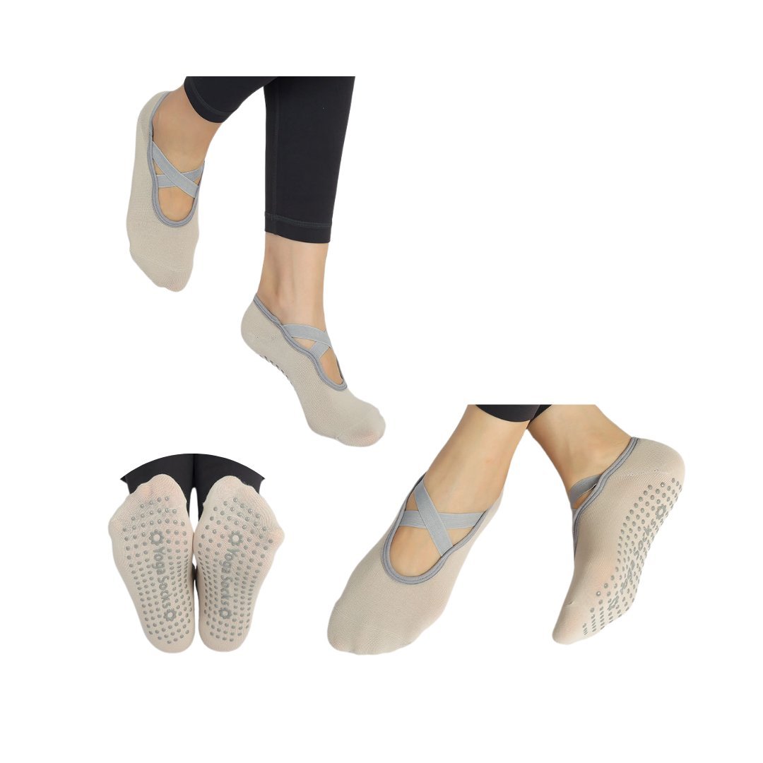 Skarpetki antypoślizgowe do jogi, fitnessu, pilatesu beżowe z gumkami
