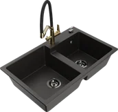 Zlewozmywaki z baterią - Mexen Tomas zlewozmywak granitowy 2-komorowy z baterią kuchenną Duo, czarny/złoty metalik - 6516-75-671701-57-B - miniaturka - grafika 1