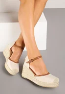 Sandały damskie - Beżowo-Brązowe Sandały w Stylu Espadryli na Plecionym Koturnie Eladwena - miniaturka - grafika 1