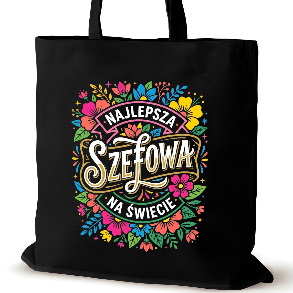 Torba bawełniana szefowej czarna na ramię nadrukiem duża biura kwiatki1