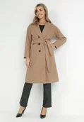 Płaszcze damskie - Ciemnobeżowy Płaszcz Dwurzędowy Wiązany Vepha - miniaturka - grafika 1