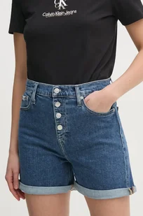 Calvin Klein Jeans szorty damskie kolor niebieski gładkie high waist J20J225512 - Spodnie sportowe damskie - miniaturka - grafika 1