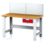 Stoły warsztatowe - Stół warsztatowy MECHANIC z nadstawką, 1500x685x700-1055 mm, nogi regulowane, 1x 1 szufladowy kontener, szary/czerwony - miniaturka - grafika 1