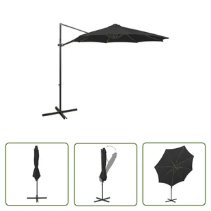 The Living Store Parasol wiszący z lampkami LED i słupkiem - 300 cm - czarny - Parasol Wiszący - Parasole ogrodowe - miniaturka - grafika 1