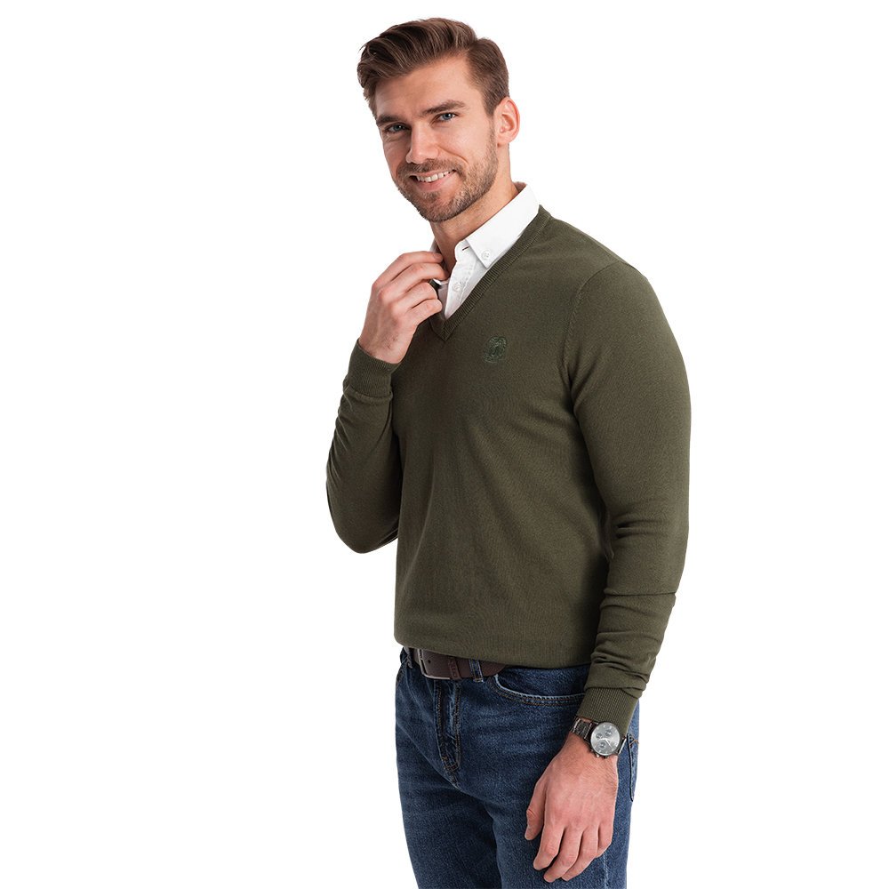 Sweter męski z dekoltem i kołnierzykiem ciemnooliwkowy V5 OM-SWSW-0102 S