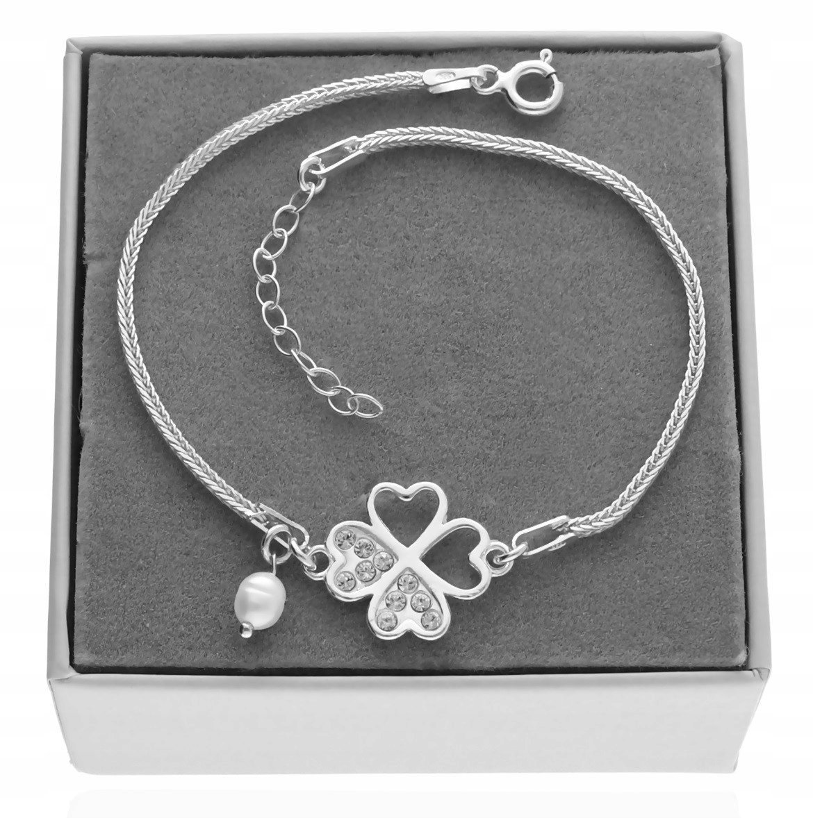 Srebrna bransoletka koniczynka KAMIEŃ NATURALNY PERŁA Dzień Kobiet 925