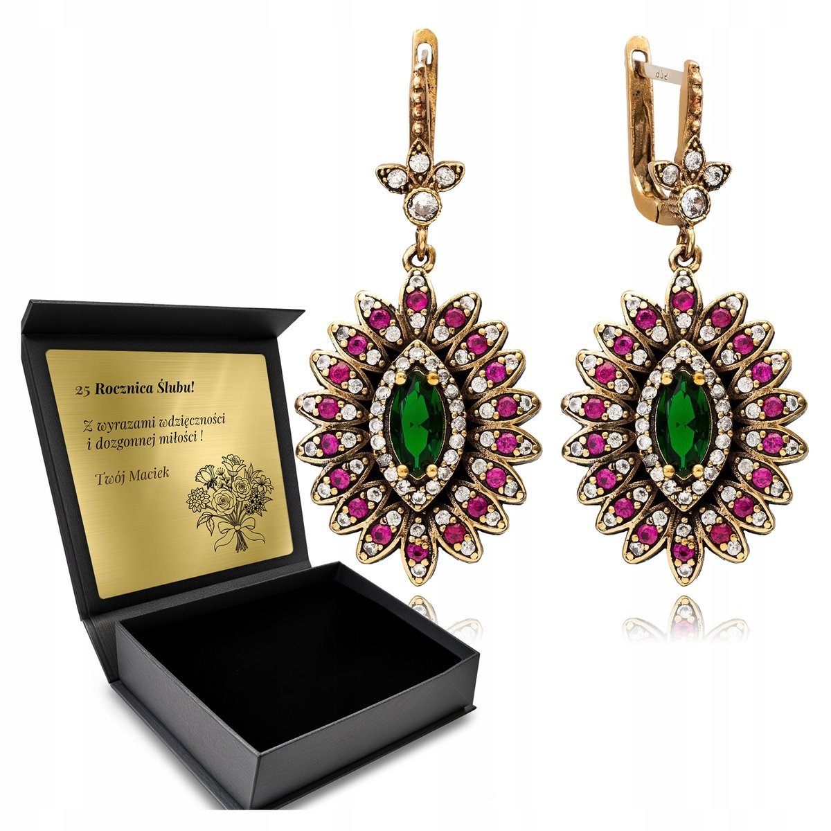 Kolczyki Srebrne 925 Cyrkonie Szmaragd Biżuteria Dla Kobiety Grawer