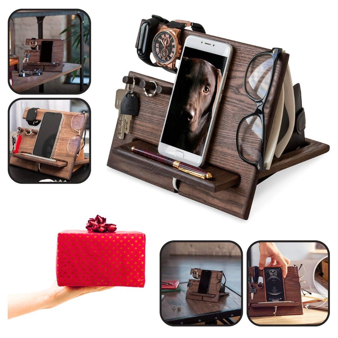 DREWNIANA STACJA DOKUJĄCA NA TELEFON, STOJAK NA PORTFEL I ZAGARKI ORGANIZER