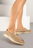 Mokasyny damskie - Ciemnobeżowe Mokasyny ze Skóry Naturalnej z Ozdobną Aplikacją Delsire - miniaturka - grafika 1