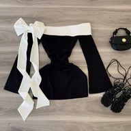 Sukienki - TEMU Elegancka Sukienka Ślubna dla Gości z Jednym Ramieniem - Zimowa Biała i Granatowa Sukienka A-Line z Kokardą w Talii, Możliwość Prania w Pralce, - miniaturka - grafika 1