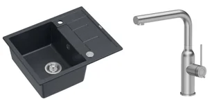 Quadron Unique Zlewozmywak granitowy jednokomorowy 62*50*22 cm z ociekaczem MORGAN 116 BLACK DIAMOND z syfonem Push-2-Open w kolorze stalowym z baterią ANGELINA Q LINE z wyciąganą wylewką kolor stal szczotkowana - Zlewozmywaki z baterią - miniaturka - grafika 1