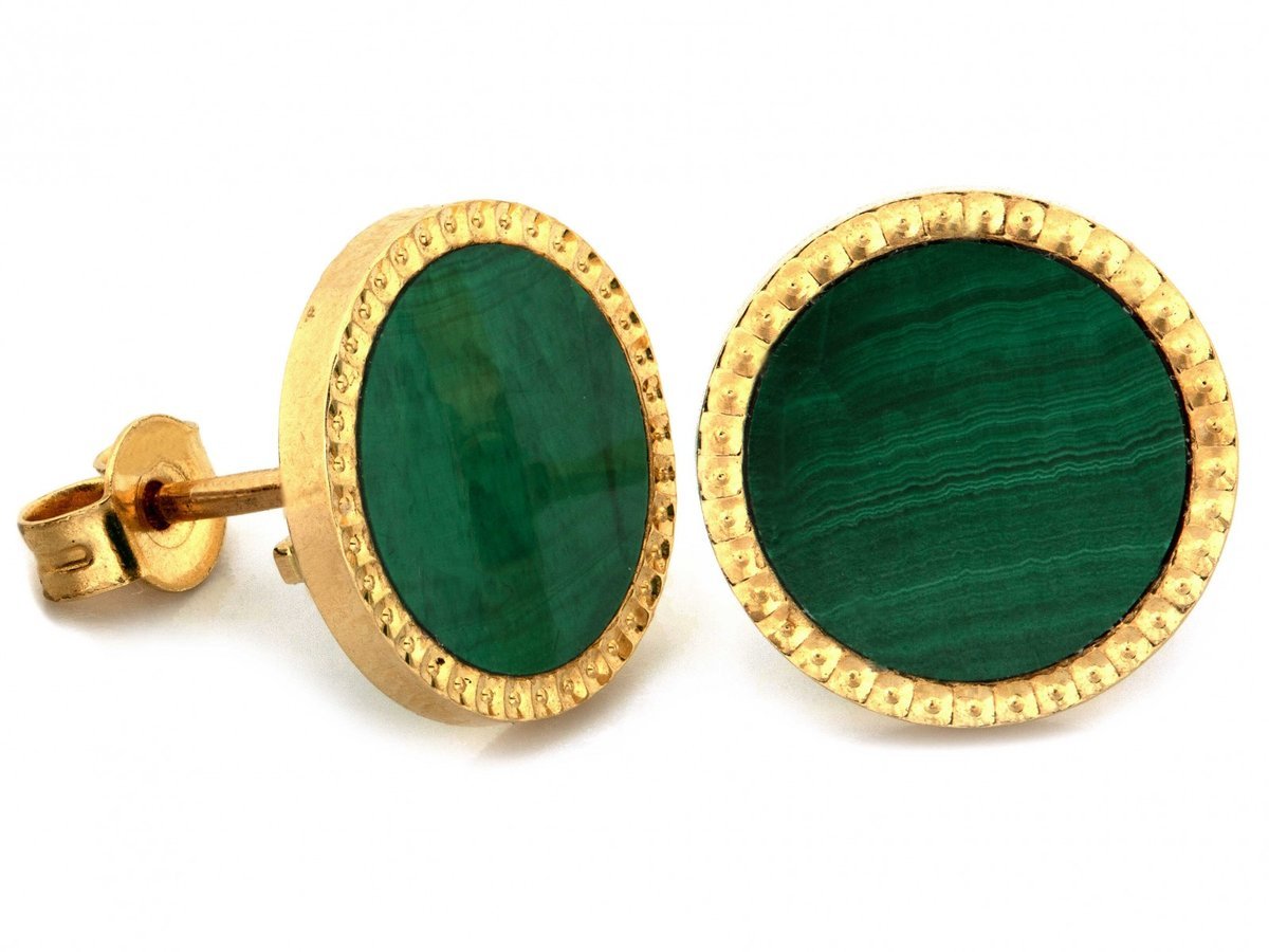 Złote kolczyki 585 okrągłe na sztyfcie z malachitem