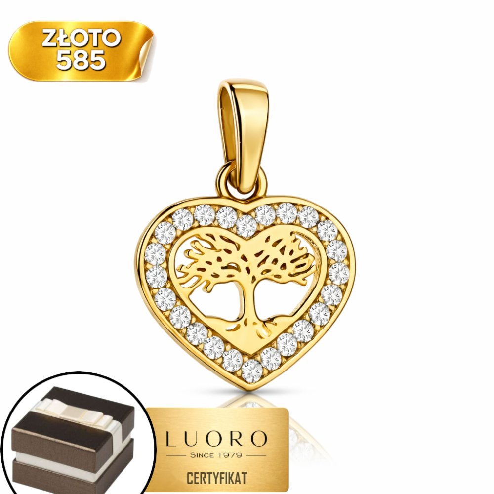ZAWIESZKA ZŁOTA 585 14K DRZEWKO SZCZĘŚCIA SERCE CYRKONIE 1 CM ELEGANCKA