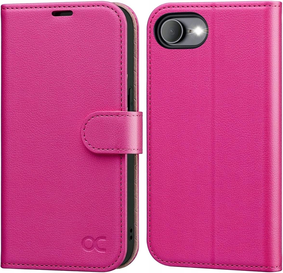 Ocase etui skórzane z klapką do iPhone 16e portfel Rfid stojak różowe