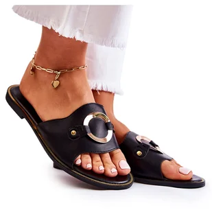 Vinceza Skórzane Damskie Klapki Z Ozdobą Czarne Marinell - Klapki i japonki damskie - miniaturka - grafika 1